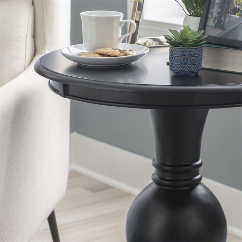 Pemberly Row Set of 2 Round Wood Accent Tables with Pedestal Base in Jet Black