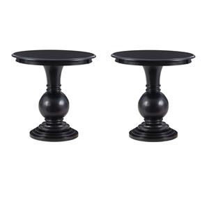 Pemberly Row Set of 2 Round Wood Accent Tables with Pedestal Base in Jet Black