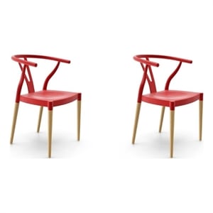 Pemberly Row Dining Chair with Natural Wood Legs in Red (Set of 2)