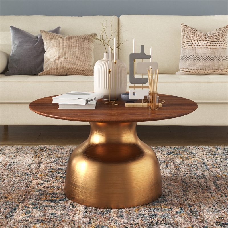 Pemberly Row Contemporary Solid Wood Top Coffee Table in Gold