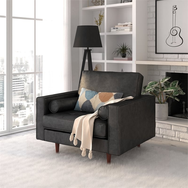Pemberly Row Contemporary Upholstered Leather Arm Chair in Black
