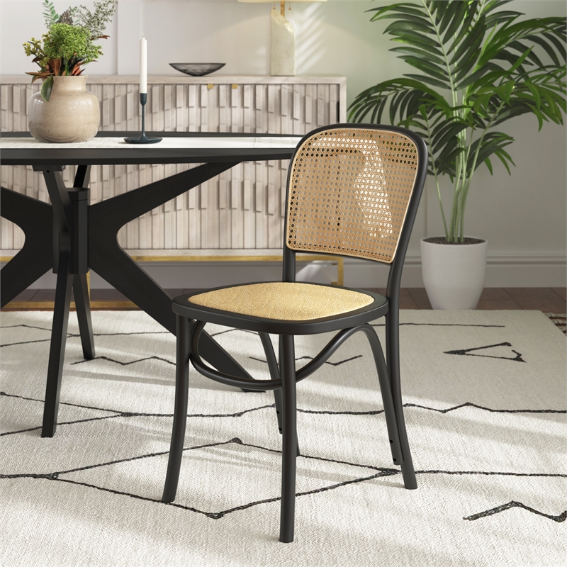 Pemberly Row Solid Wood Side Chairs With Natural Cane (Set of 2) in Black
