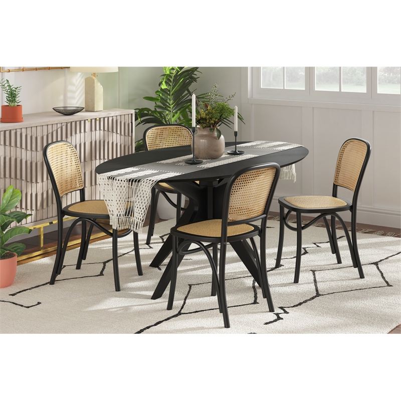 Pemberly Row Solid Wood Side Chairs With Natural Cane (Set of 2) in Black