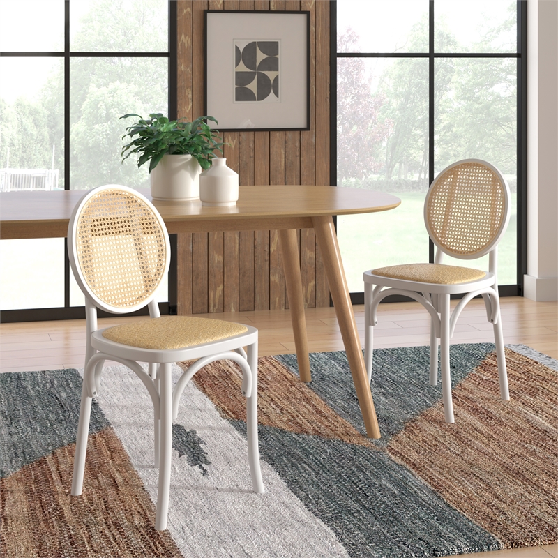 Pemberly Row Solid Wood with Natural Cane Side Chairs (Set of 2) in White