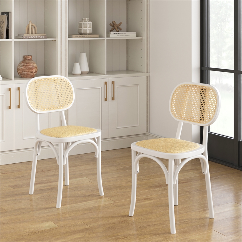 Pemberly Row Solid Wood with Natural Cane Side Chairs (Set of 2) in White
