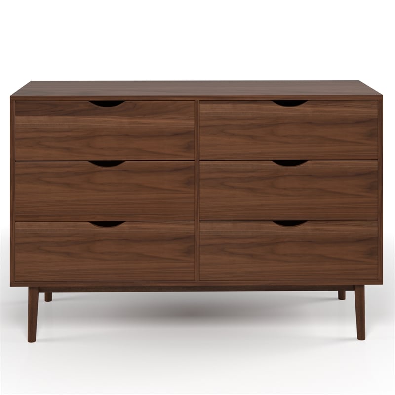 Pemberly Row Contemporary Scandinavian 6-Drawer Dresser in Walnut