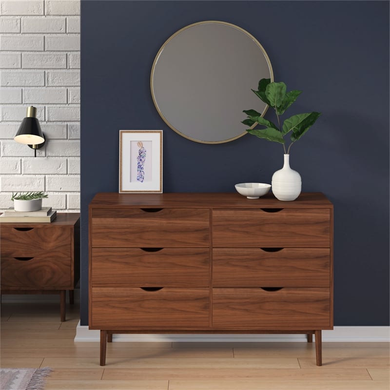 Pemberly Row Contemporary Scandinavian 6-Drawer Dresser in Walnut