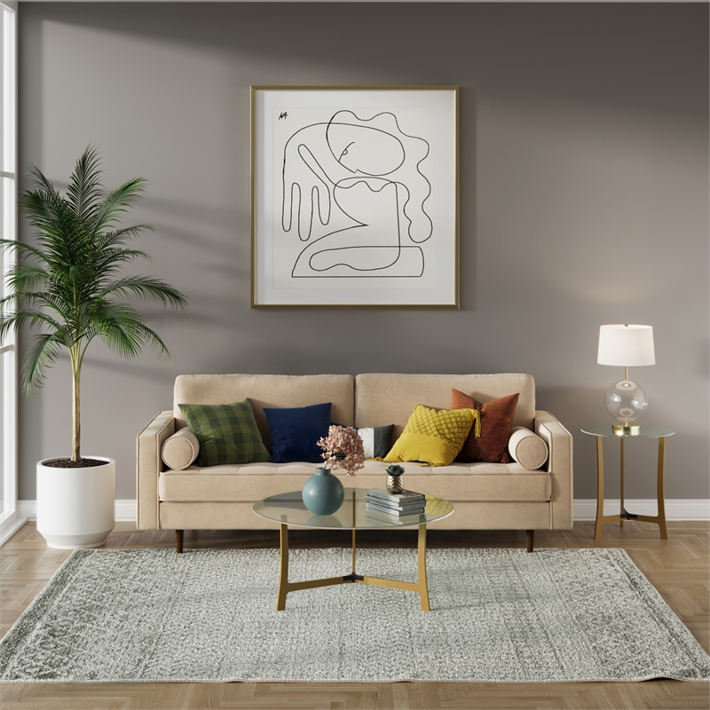 Pemberly Row Contemporary Soft Velvet Upholstery Sofa in Sand