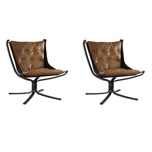 Pemberly Row Set of 2 Button Tufted Top Grain Leather Accent Chair in Coffee
