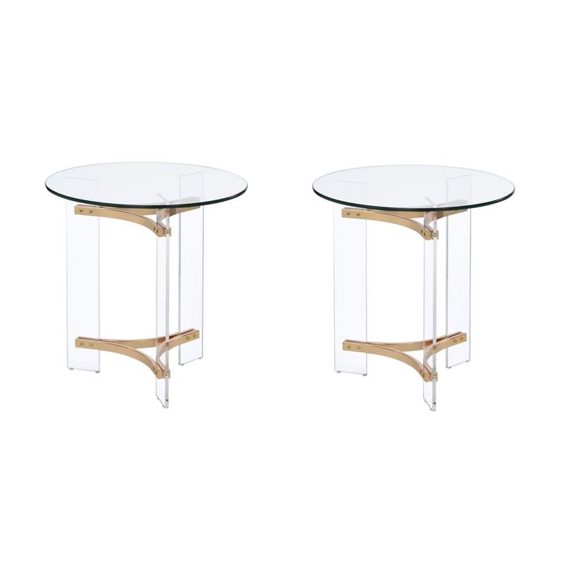 Pemberly Row Set of 2 Round red Glass Top End Tables in Clear and Gold