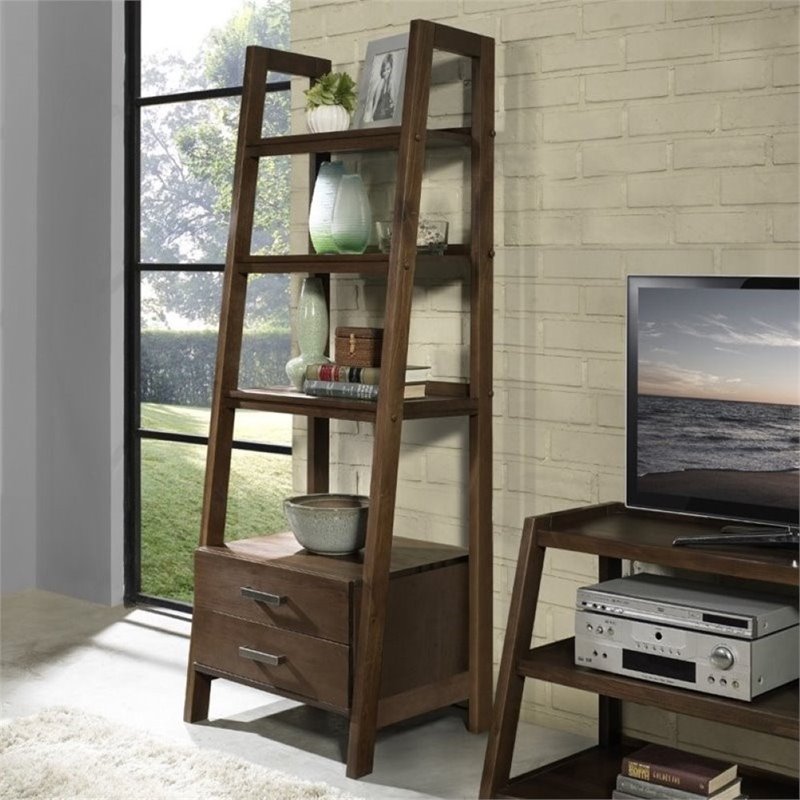 Pemberly Row Set of 2 4-Shelf Ladder Bookcases in Medium Saddle Brown