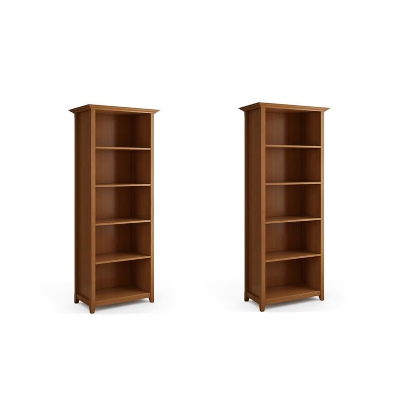 Pemberly Row Set of 2 5-Shelf Solid Wood Bookcases in Light Golden Brown