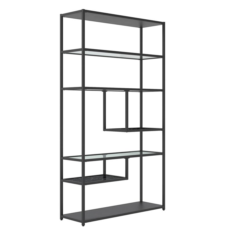 Pemberly Row Set of 2 Contemporary Bookcases Etagere in Black Marble