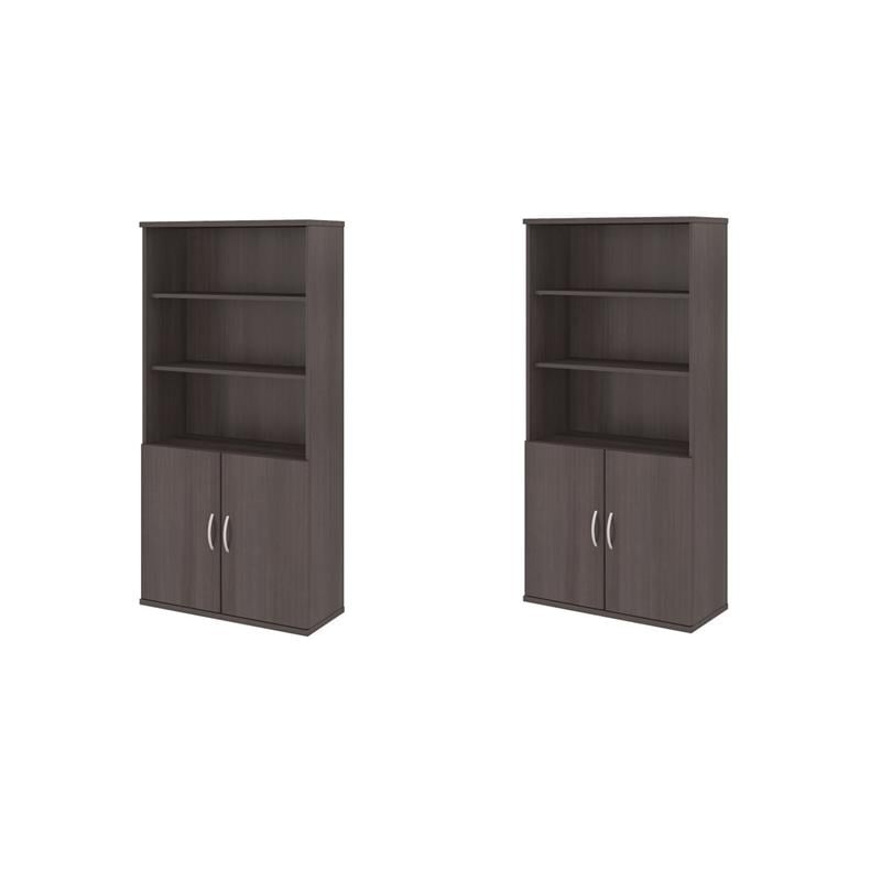Pemberly Row Set of 2 5-Shelf Bookcases with Doors in Storm Gray