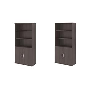 Pemberly Row Set of 2 5-Shelf Bookcases with Doors in Storm Gray