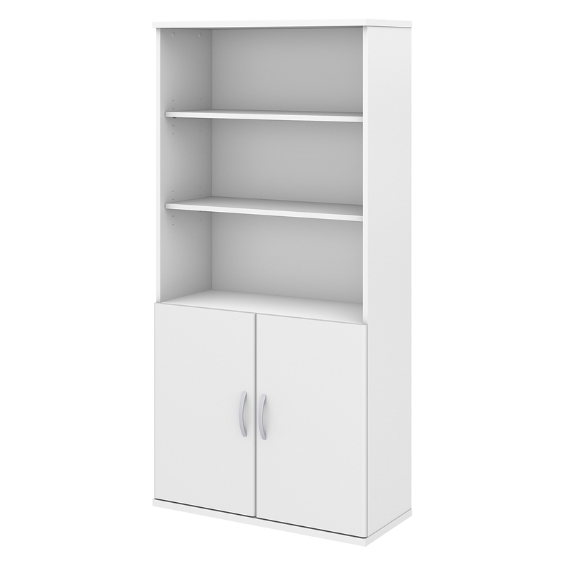 Pemberly Row Set of 2 5-Shelf Bookcases with Doors in White - Engineered Wood