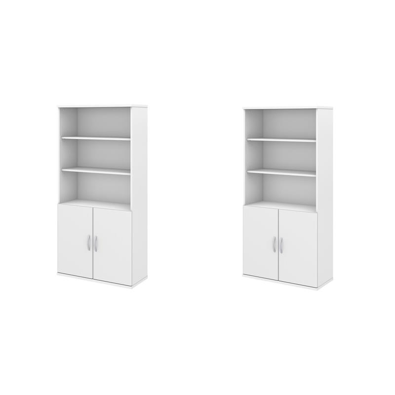Pemberly Row Set of 2 5-Shelf Bookcases with Doors in White - Engineered Wood