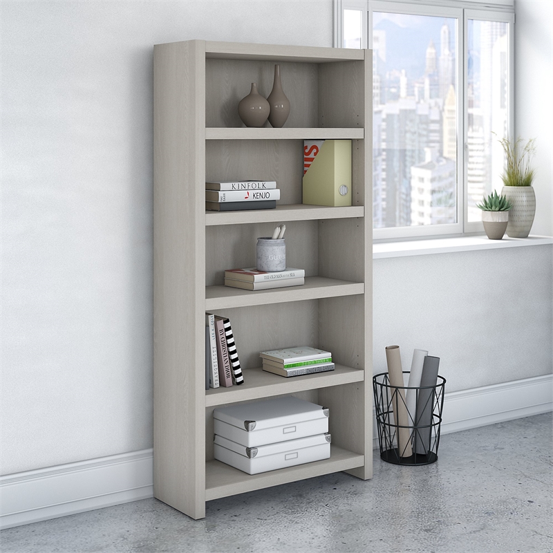 Pemberly Row Set of 2 5-Shelf Bookcases in Gray Sand - Engineered Wood