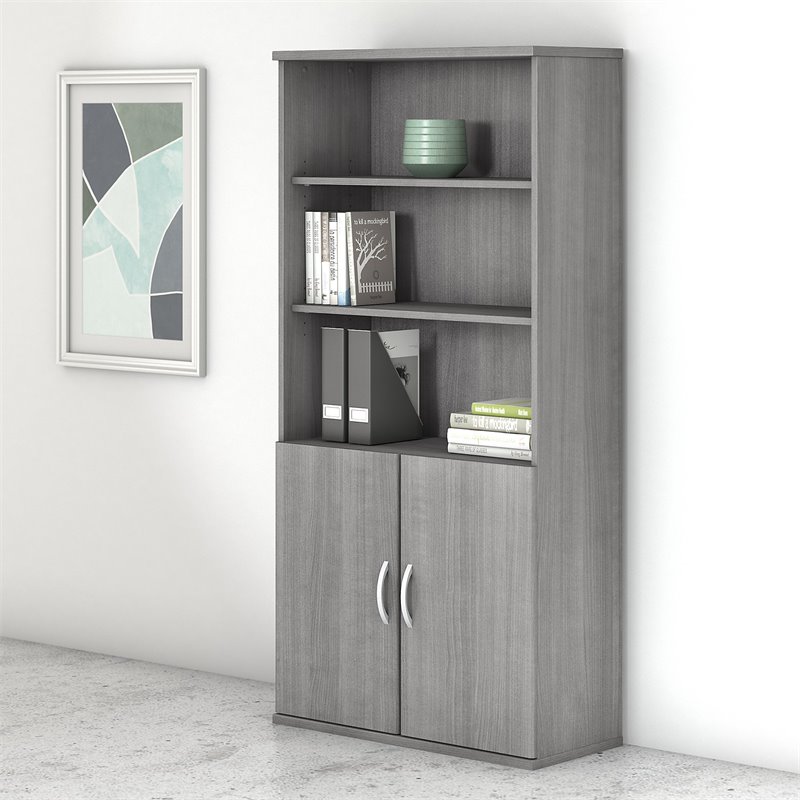 Pemberly Row Set of 2 5-Shelf Bookcases with Doors in Platinum Gray