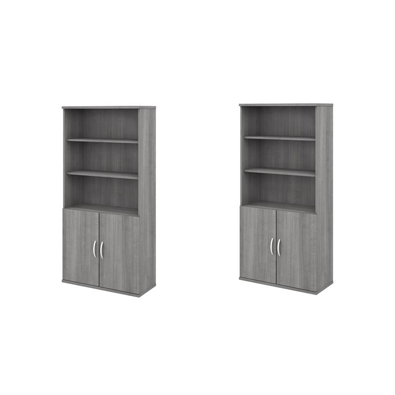 Pemberly Row Set of 2 5-Shelf Bookcases with Doors in Platinum Gray