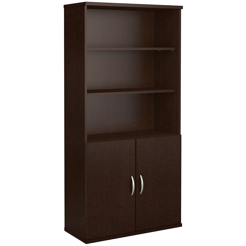 Pemberly Row Set of 2 36W 5-Shelf Bookcases with Doors in Mocha Cherry