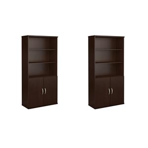 Pemberly Row Set of 2 36W 5-Shelf Bookcases with Doors in Mocha Cherry