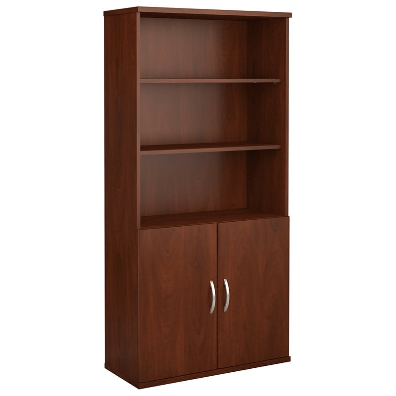 Pemberly Row Set of 2 36W 5-Shelf Bookcases with Doors in Hansen Cherry