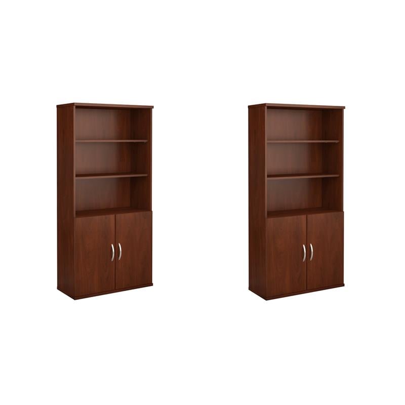 Pemberly Row Set of 2 36W 5-Shelf Bookcases with Doors in Hansen Cherry