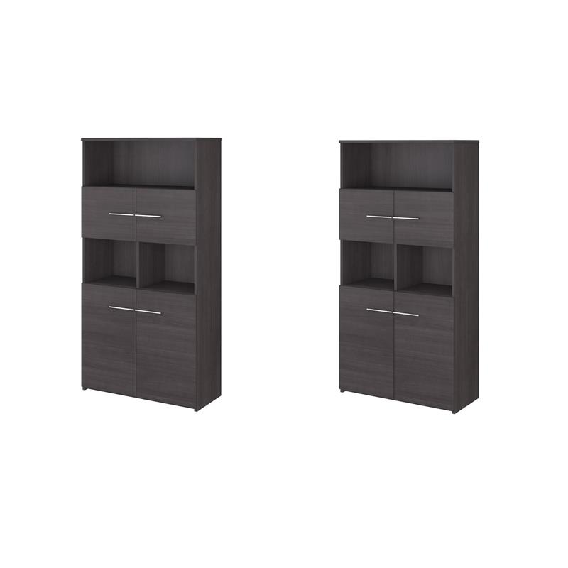 Pemberly Row Set of 2 5-Shelf Bookcases with Doors in Storm Gray
