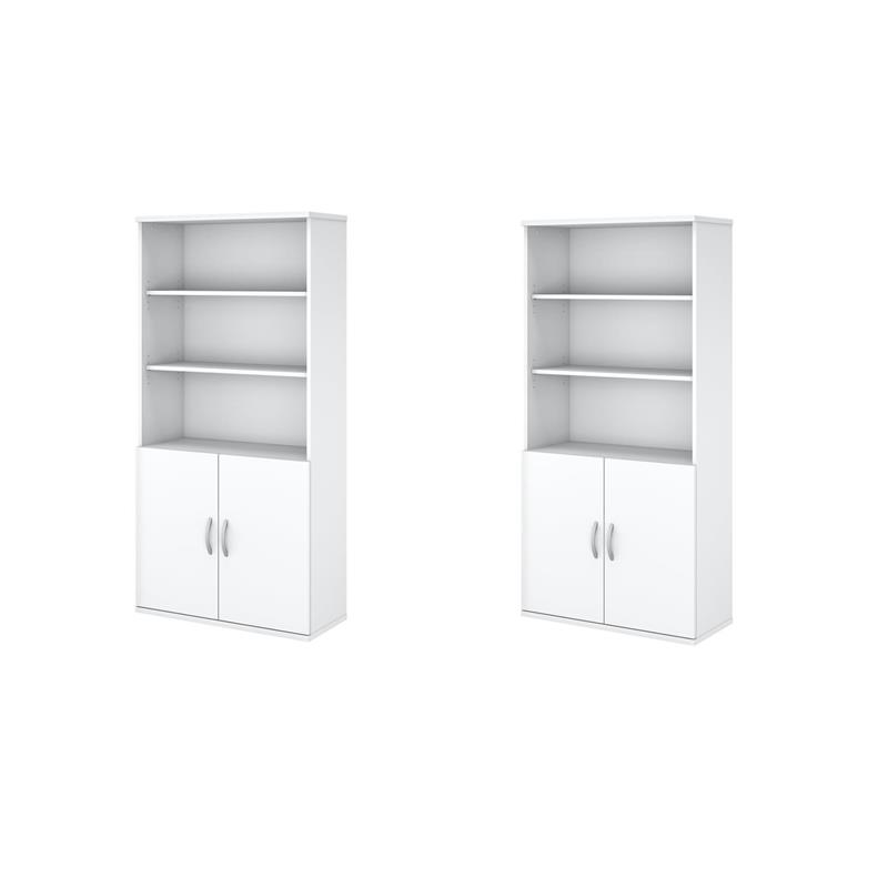Pemberly Row Set of 2 5-Shelf Bookcases with Doors in Pure White
