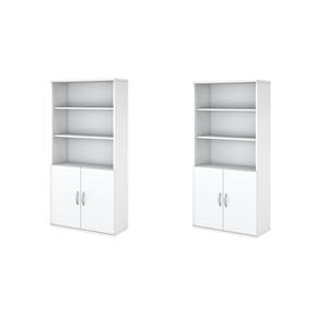 Pemberly Row Set of 2 5-Shelf Bookcases with Doors in Pure White