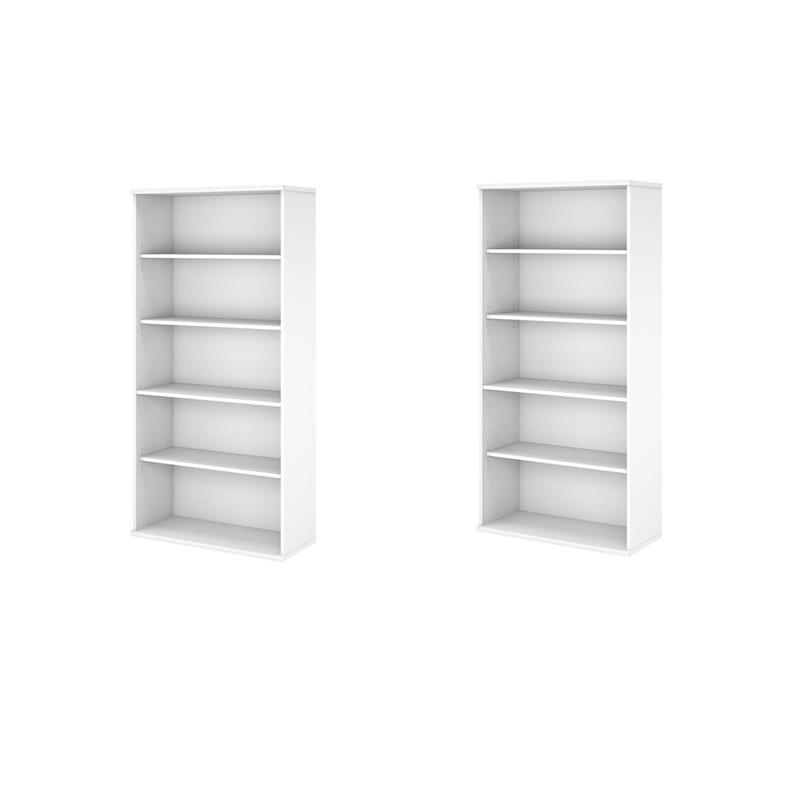 Pemberly Row Set of 2 5-Shelf Bookcases in Pure White - Engineered Wood