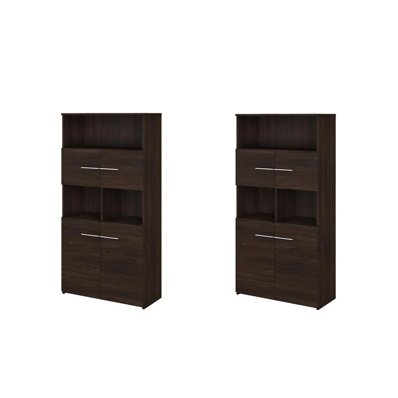 Pemberly Row Set of 2 5-Shelf Bookcases with Doors in Black Walnut