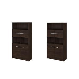 Pemberly Row Set of 2 5-Shelf Bookcases with Doors in Black Walnut