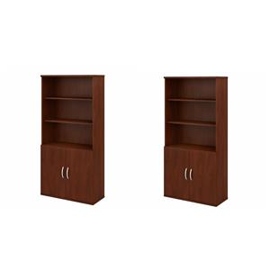 Pemberly Row Set of 2 5-Shelf Bookcases with Doors in Hansen Cherry