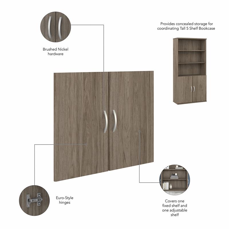 Pemberly Row Set of 2 Tall 5-Shelf Bookcases with Doors in Modern Hickory