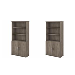 Pemberly Row Set of 2 Tall 5-Shelf Bookcases with Doors in Modern Hickory