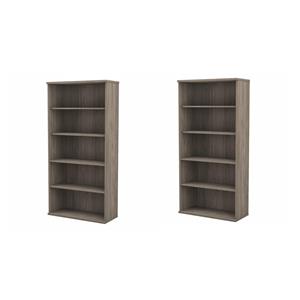 Pemberly Row Set of 2 Tall 5-Shelf Bookcases in Modern Hickory - Engineered Wood