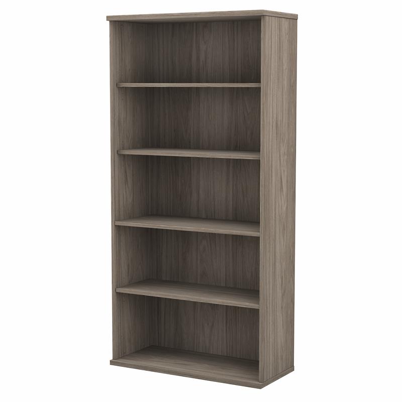 Pemberly Row Set of 2 Tall 5-Shelf Bookcases in Modern Hickory - Engineered Wood