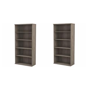 Pemberly Row Set of 2 Tall 5-Shelf Bookcases in Modern Hickory - Engineered Wood