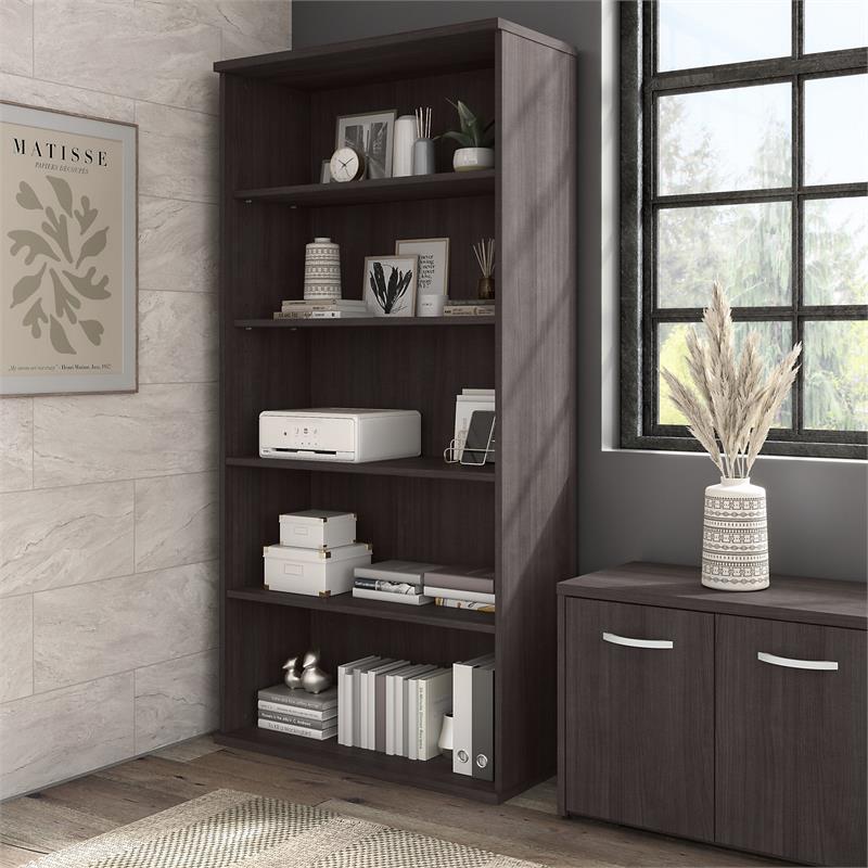 Pemberly Row Set of 2 Tall 5-Shelf Bookcases in Storm Gray - Engineered Wood