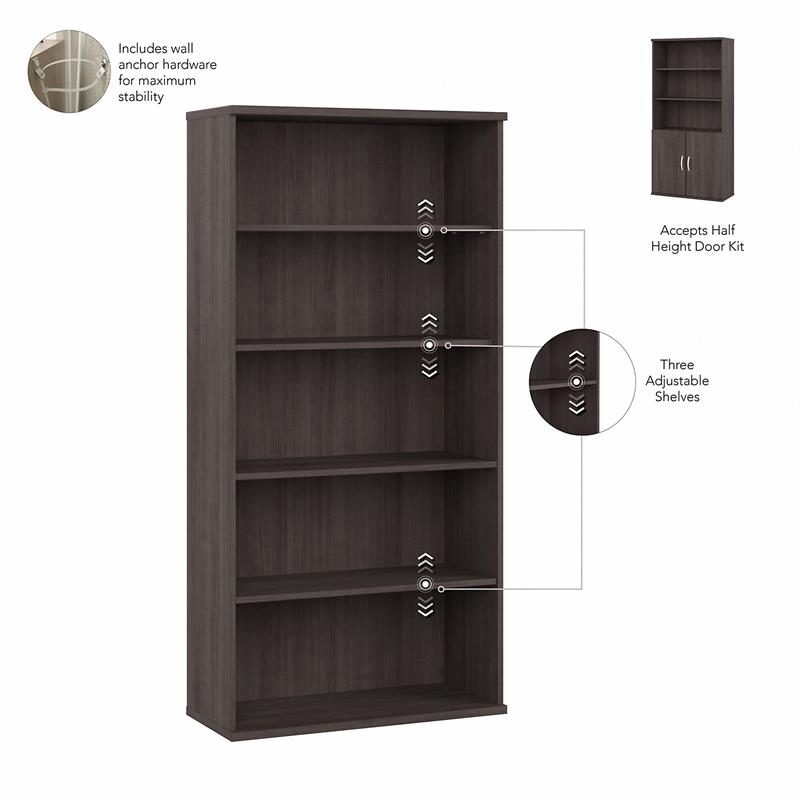 Pemberly Row Set of 2 Tall 5-Shelf Bookcases in Storm Gray - Engineered Wood