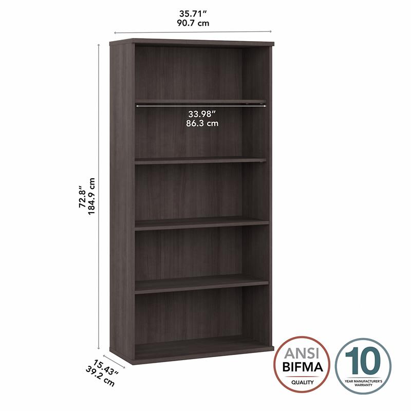 Pemberly Row Set of 2 Tall 5-Shelf Bookcases in Storm Gray - Engineered Wood