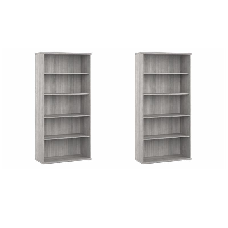 Pemberly Row Set of 2 Tall 5-Shelf Bookcases in Platinum Gray - Engineered Wood