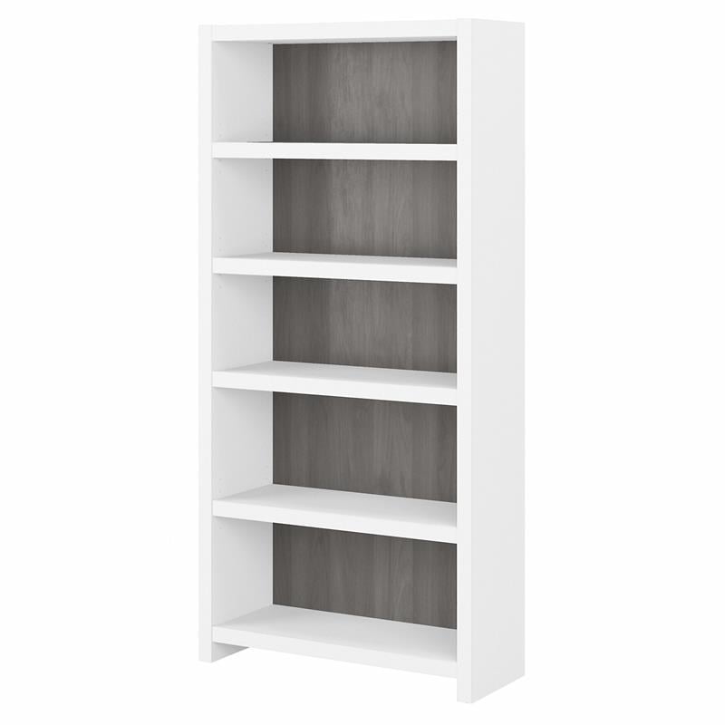 Pemberly Row Set of 2 5-Shelf Bookcases in Pure White and Modern Gray