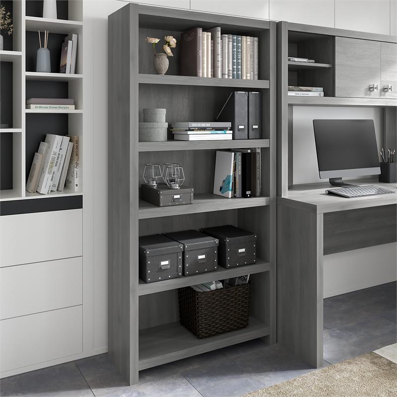 Pemberly Row Set of 2 5-Shelf Bookcases in Modern Gray - Engineered Wood