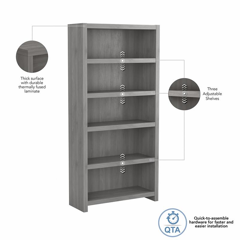 Pemberly Row Set of 2 5-Shelf Bookcases in Modern Gray - Engineered Wood