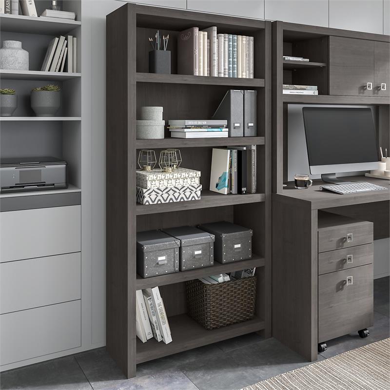 Pemberly Row Set of 2 5-Shelf Bookcases in Charcoal Maple - Engineered Wood
