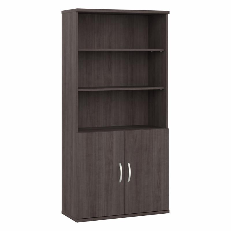 Pemberly Row Set of 2 Tall 5-Shelf Bookcases with Doors in Storm Gray