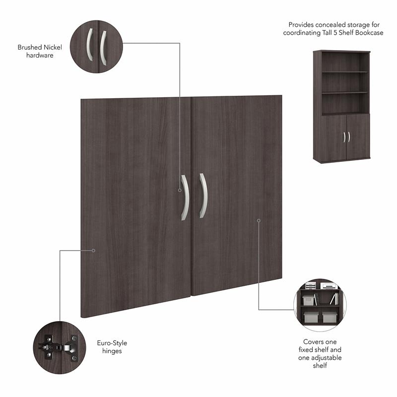 Pemberly Row Set of 2 Tall 5-Shelf Bookcases with Doors in Storm Gray